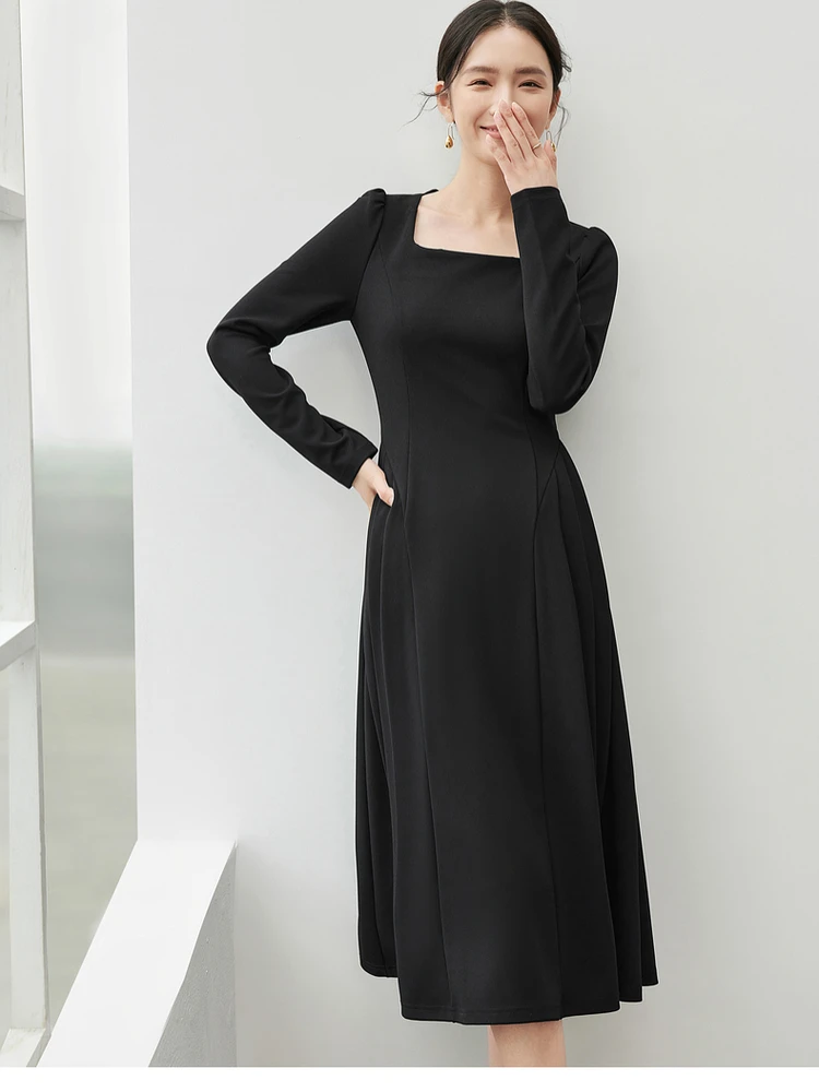 

SENTUBILA Square Collar Elegant Black Dresses for Women 2024 Autumn A-line Draped Solid Long Sleeve Long Dress Clothes 143L56484