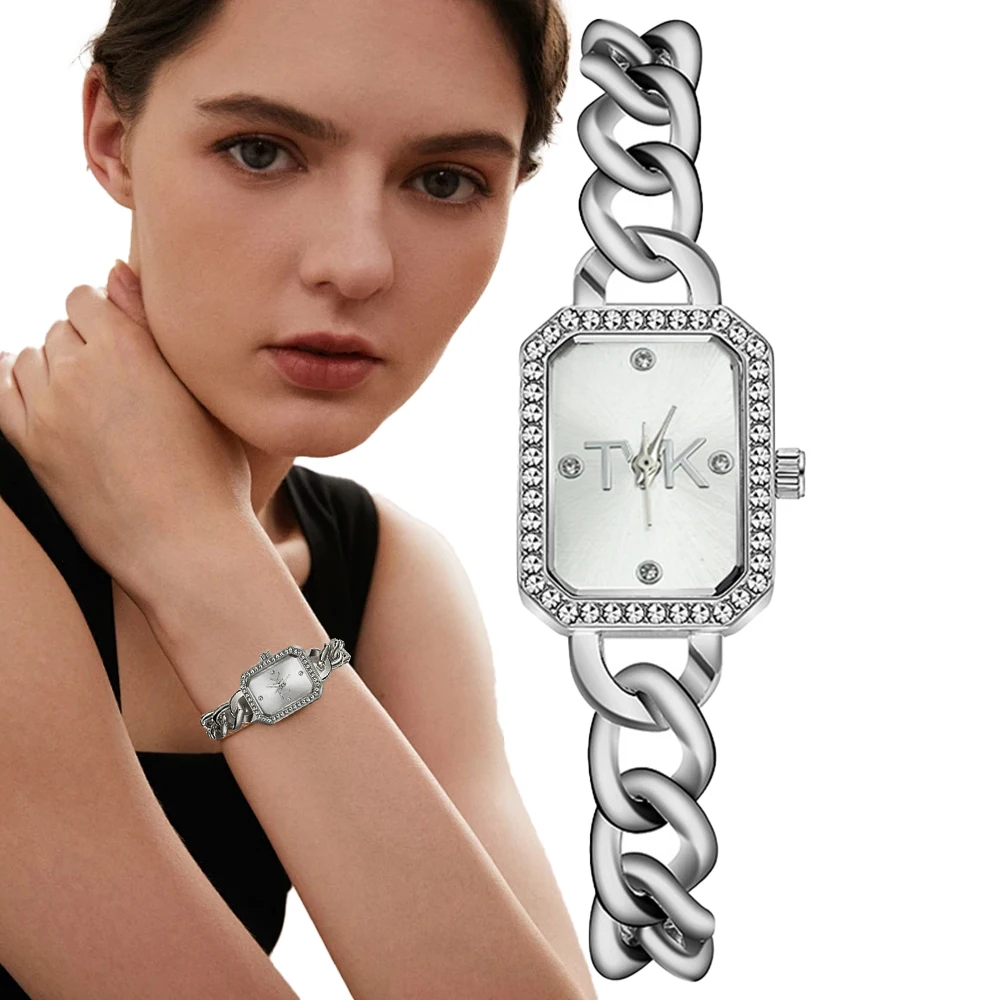 TVK Brand Women's Square Diamonds Simple Design Quartz Watch Fashion Silver Bracelet Ladies Dress Clock Gift Wristwatch