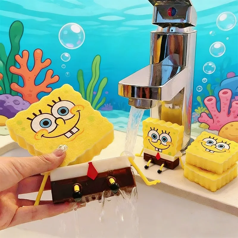 Cartoon SpongeBobs SquarePants Dish Washing Brush Cute Kitchen Home Supplies Drain Rack Wall Hooks Reusable Scrub Scouring Pad