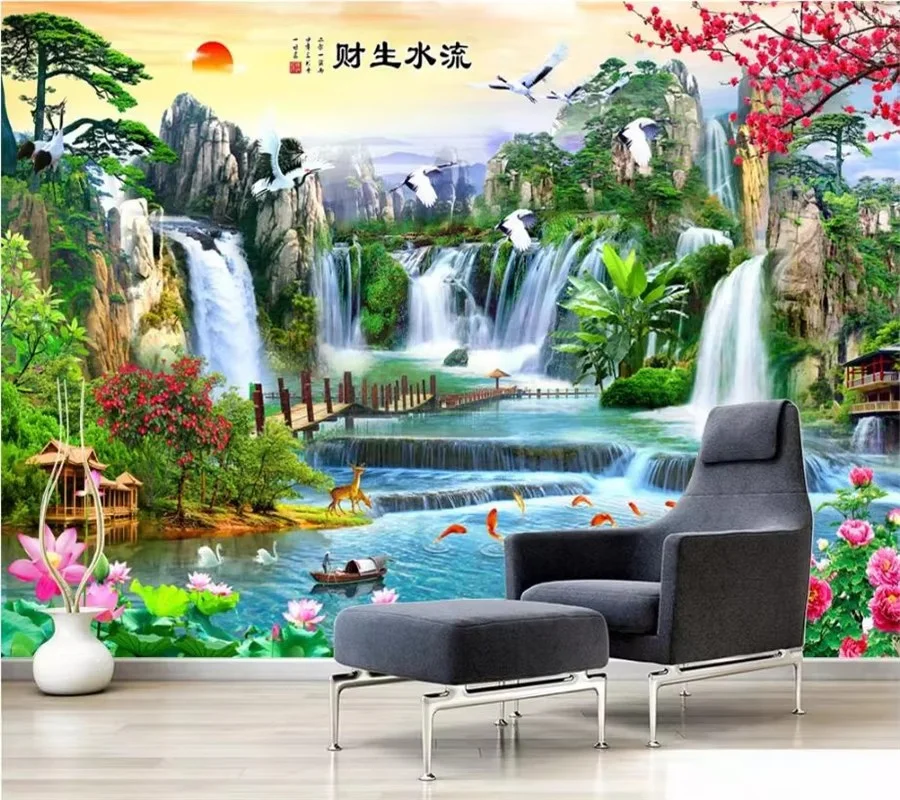 

Обои на заказ, 3d фреска, пейзаж, пейзаж, вода, водопад, гостиная, спальня, китайские водные и богатые обои, домашний декор
