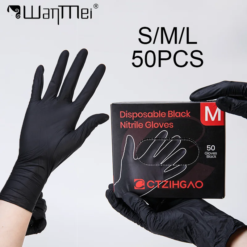 

50 шт./упак. Черные нитриловые перчатки без пудры, одноразовые, эластичные, для уборки, парикмахерских, салонов, водонепроницаемые, для тату-салонов CTZIHGAO