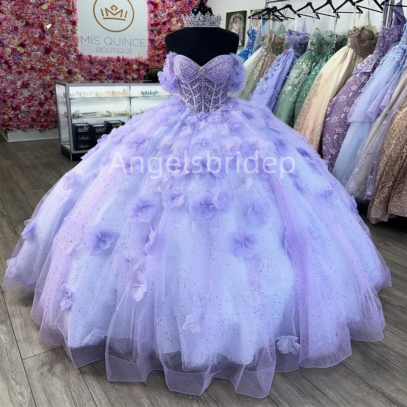 Angelsbride Charming Lilac Ball Gown Quinceanera Dresses Vestidos De 15 Quinceañera 3D Handmade Flower Princess Girl Party Dress