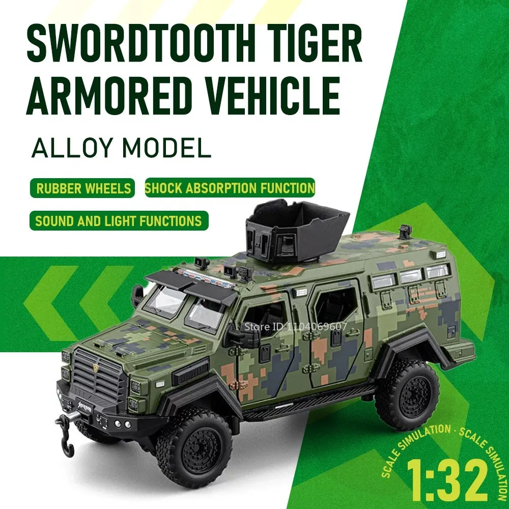 

1:32 Sabertooth Conqueror Armored Car Model Toys Metal Diecast Sound Light Doors Opened Pull Back Simulation Off-road Vehicles