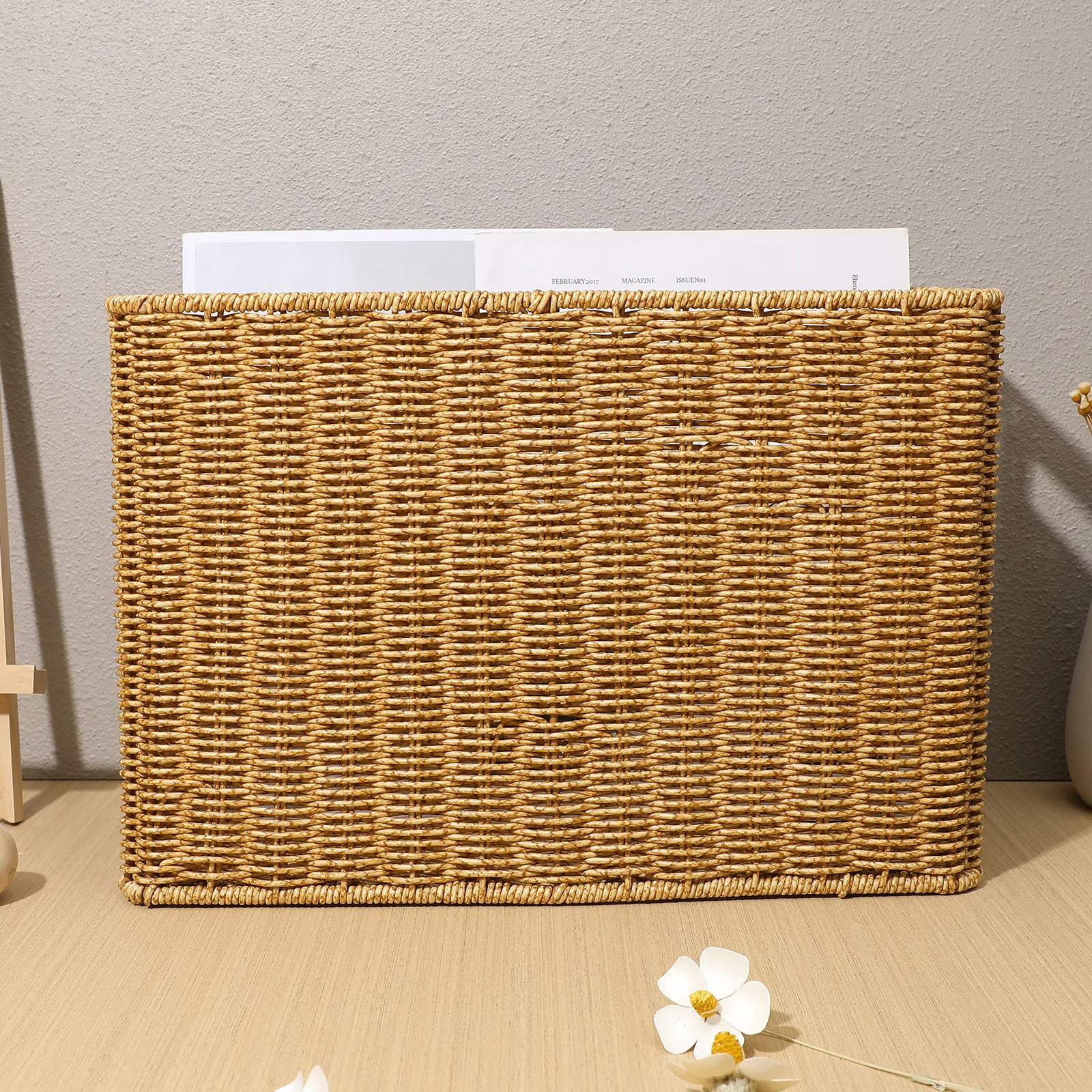 

Imitation Rattan Woven Storage Box Large Capacity Hollow Handle Sundries Organizer For Desktop Snack Home
