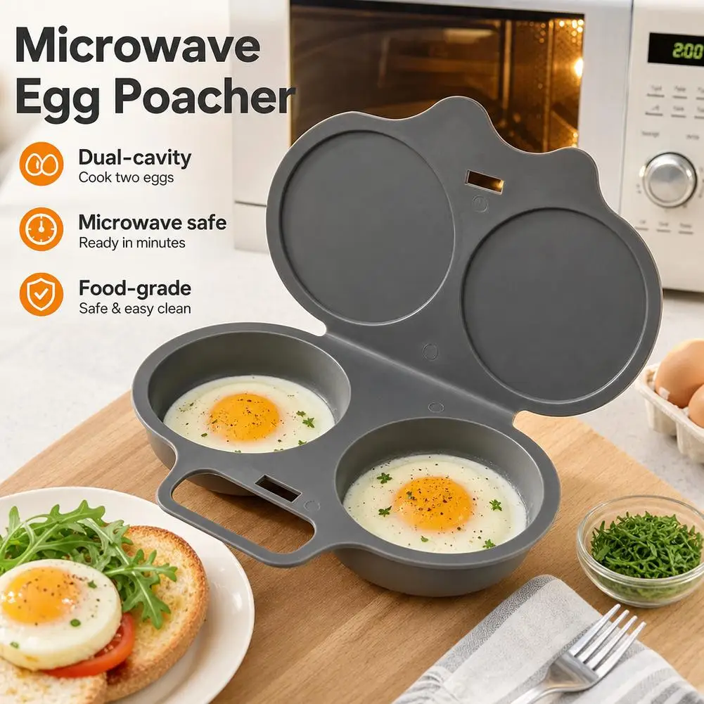 3PCS Microwave Egg Poacher Reusable Microwave Eggs Steamer 2 Cavity Nonstick Poached Egg Maker with Lid Egg Mold Kitchen Gadgets