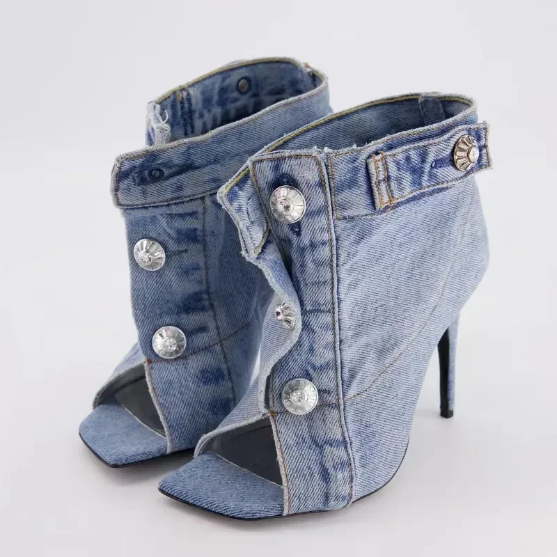 

【ENMAYER】2023 Hot Women's Summer American Vintage Denim Slim High Heel Button Sandals Fashion New Open Teeth Large Size Sandals