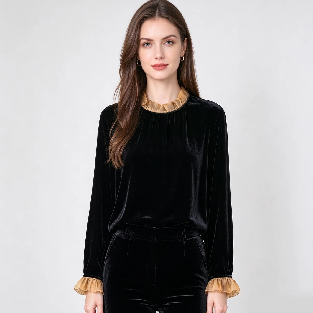 2026 Women's Fashion Autumn New 30% Natural Mulberry Silk Velvet Black Long Sleeve Skin Friendly Breathable Loose T-shirt