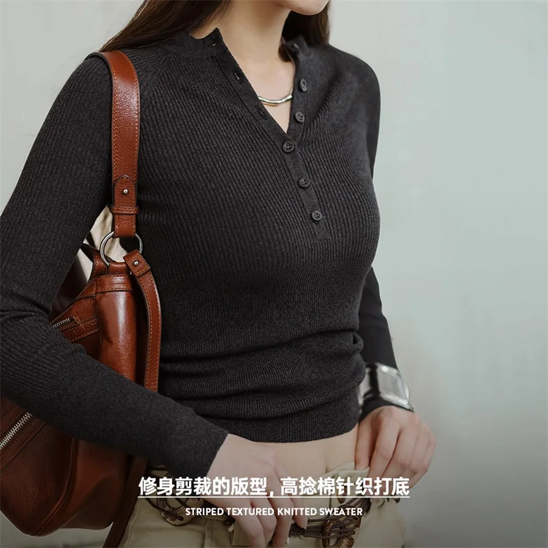 Maglione lavorato a maglia a maniche lunghe Maden Slim per donna camicia Henley tinta unita primavera e autunno camicia intima grigia maglieria ad