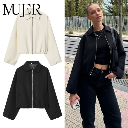 MUJER Chaquetas Bomber hinchadas para mujer, chaqueta recortada universitaria con cremallera, chaqueta de entretiempo para mujer, prendas de vestir exteriores, abrigos para mujer