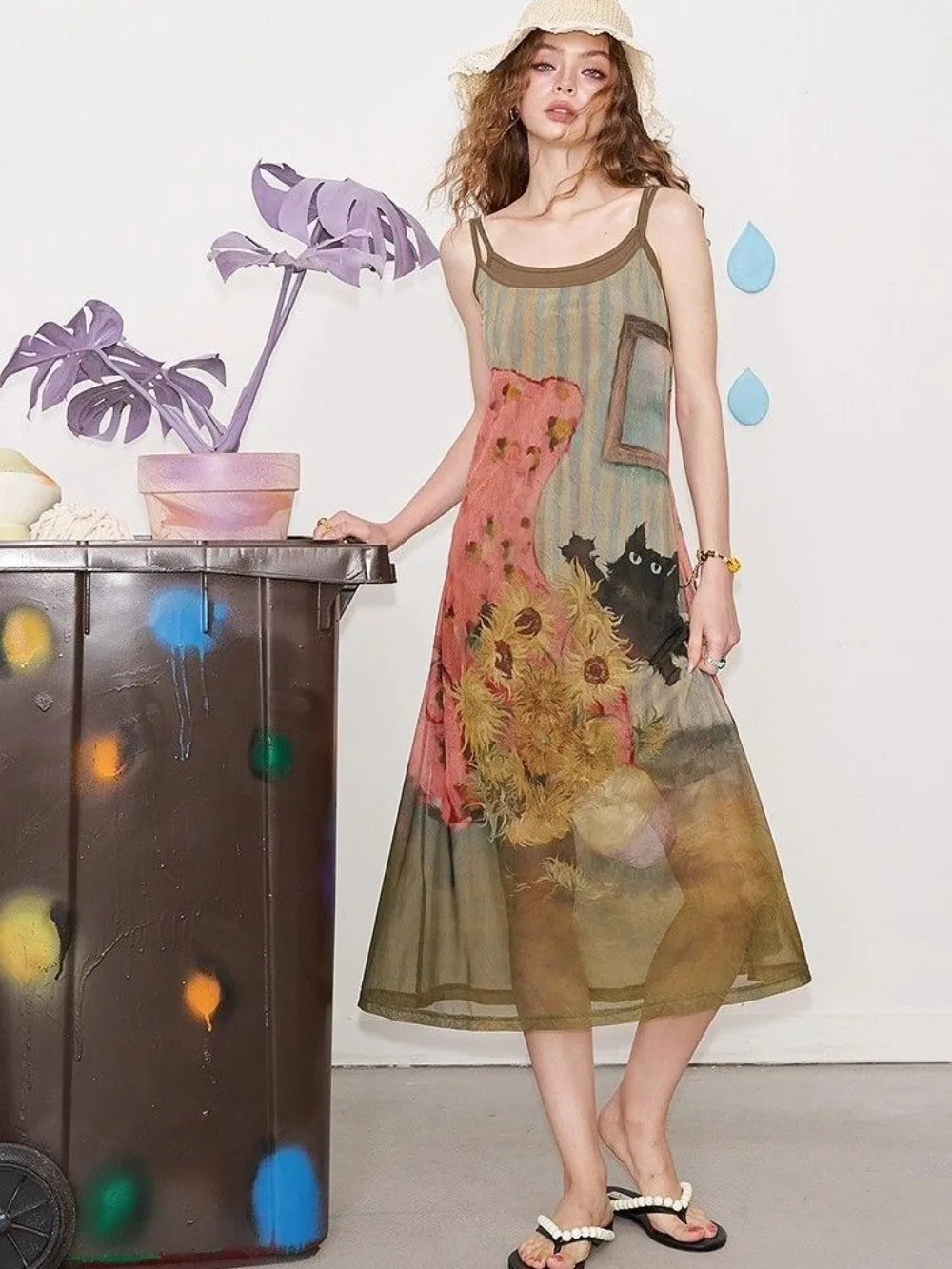 

2025 Cat Print Dress Set Women Sleeveless A Line Sundress Two Piece Outfit Kawaii Y2K Aesthetic Casual Summer Korean Fashion