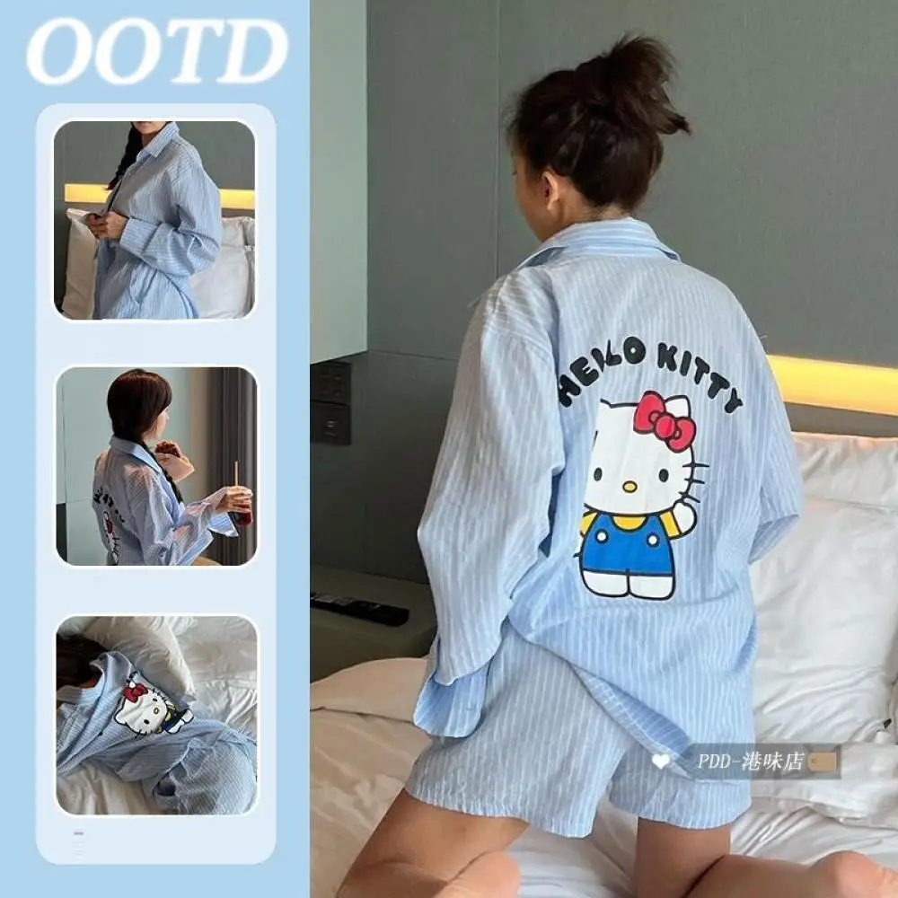 Hello Kitty Shirt Shorts Pajamas Suit Sanrioed Anime Kawaii Cartoon Cotton Cardigan Homewear Girls Student Spring Casual Loose