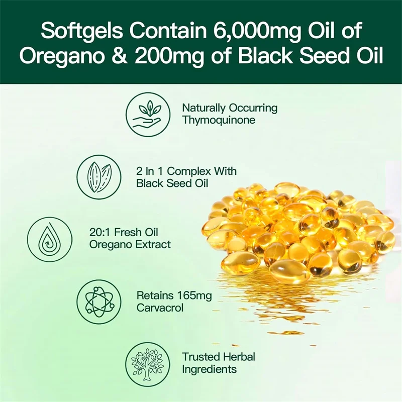 Oregano Oil Softgels - Contains Black Seed Oil, Promotes Digestion and Intestinal Health, Antioxidant, Enhances Immunity