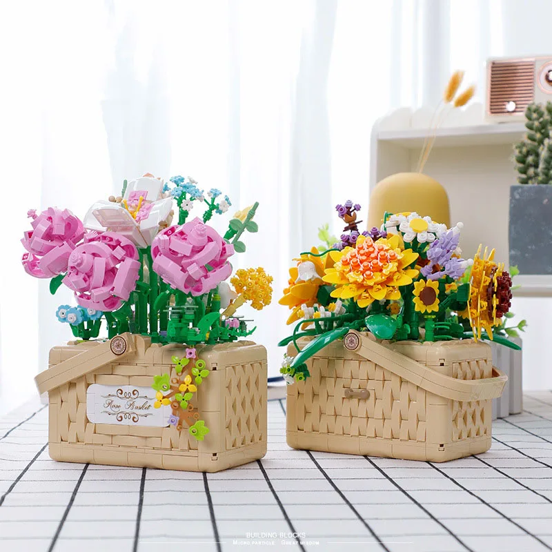 Home Furnishing Building Brick Sunflower Rose Mini Block Flower Basket Construction Educational Toys Collection For Girl Gifts