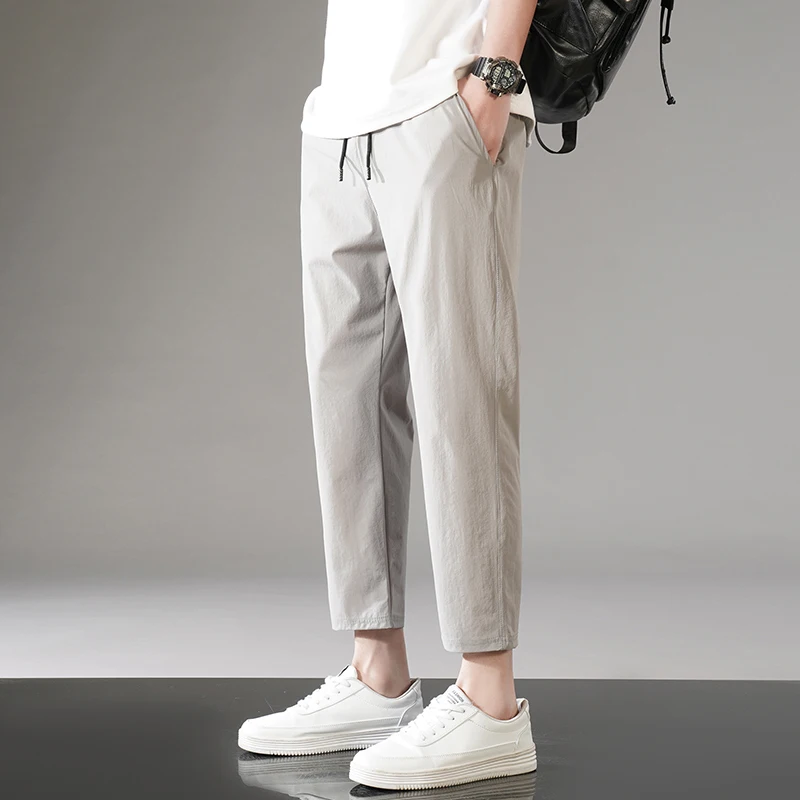 

Solid Color Spring Autumn Pockets Elastic High Waisted Men's Clothing Pencil Cargo Trousers England Style Retro Boyfriend Pants