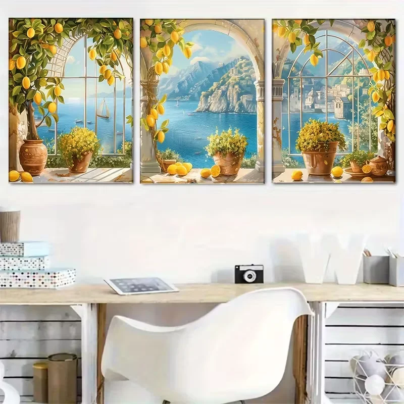 

5D Diy Diamond Painting Triptych Lemon Arch Window Sea View Scenery Home Decoration 3pcs Full Diamond Embroidery Wall Pictures