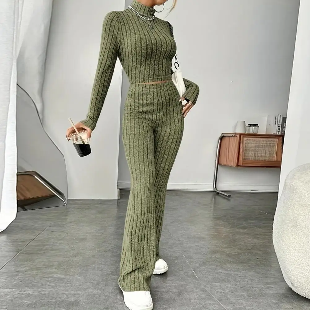 2 Pcs/Set Fall Winter Women Top Pants Set Half-high Collar Long Sleeves Sweatshirt High Waist Striped Trousers Set Sport Casual
