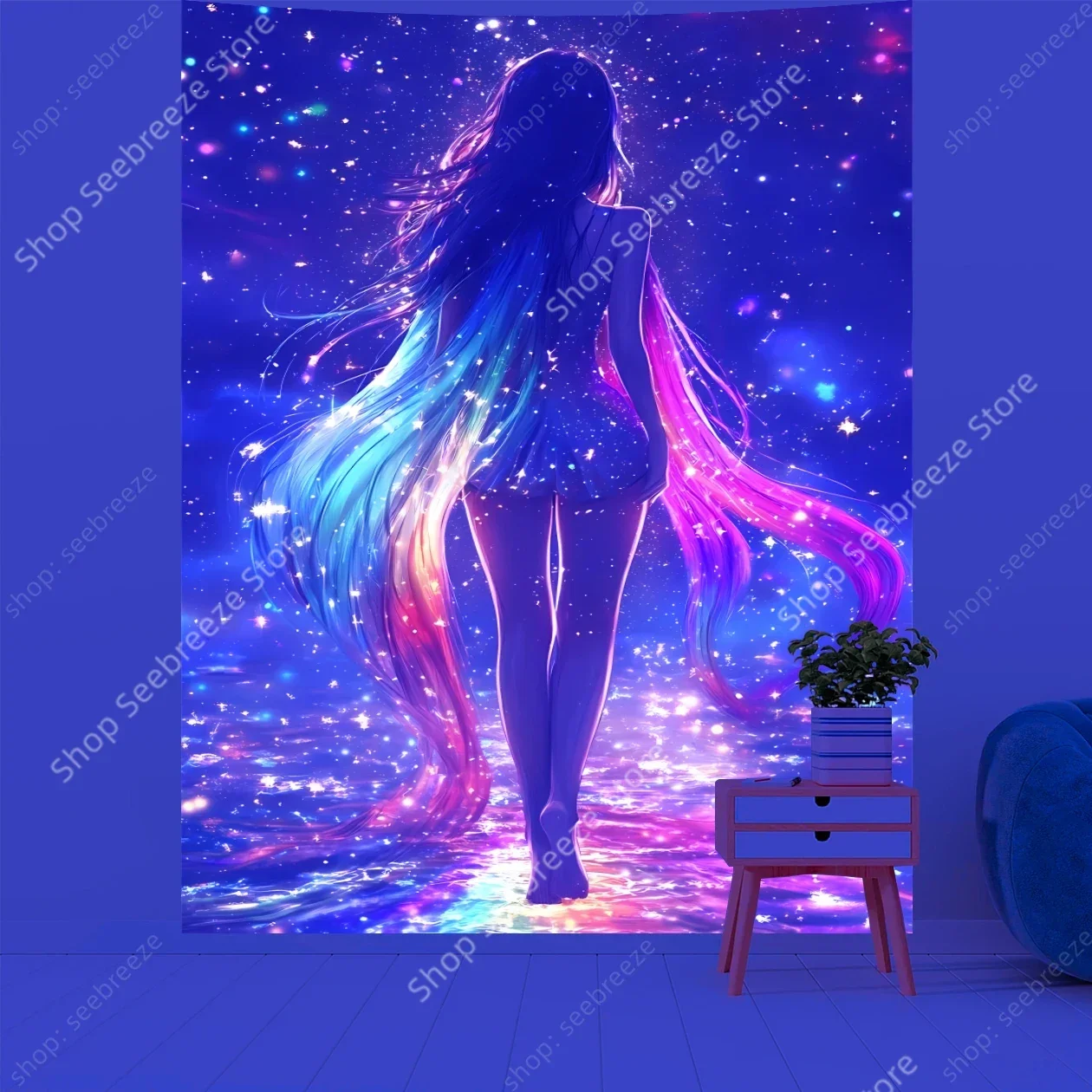 Tapisserie réactive UV de déesse, Silhouette de cheveux arc-en-ciel, étoiles scintillantes, galaxie magique, décor de méditation, décor artistique pour la maison enchantée