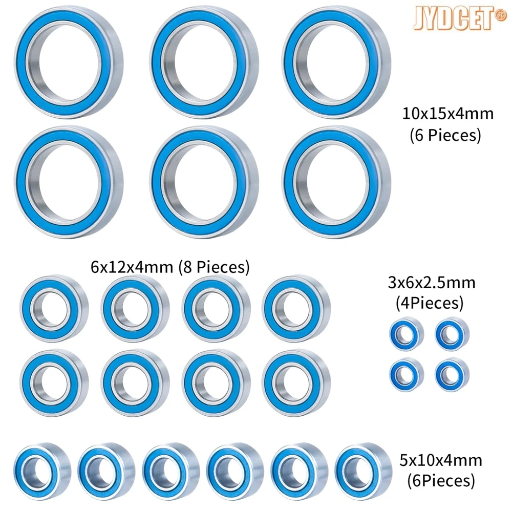 24pcs Blue Rubber Sealed Bearing Kits - Precision High Speed Bearing for RC Losi 1/10 Baja Rey Rock Rey Buggy Truck