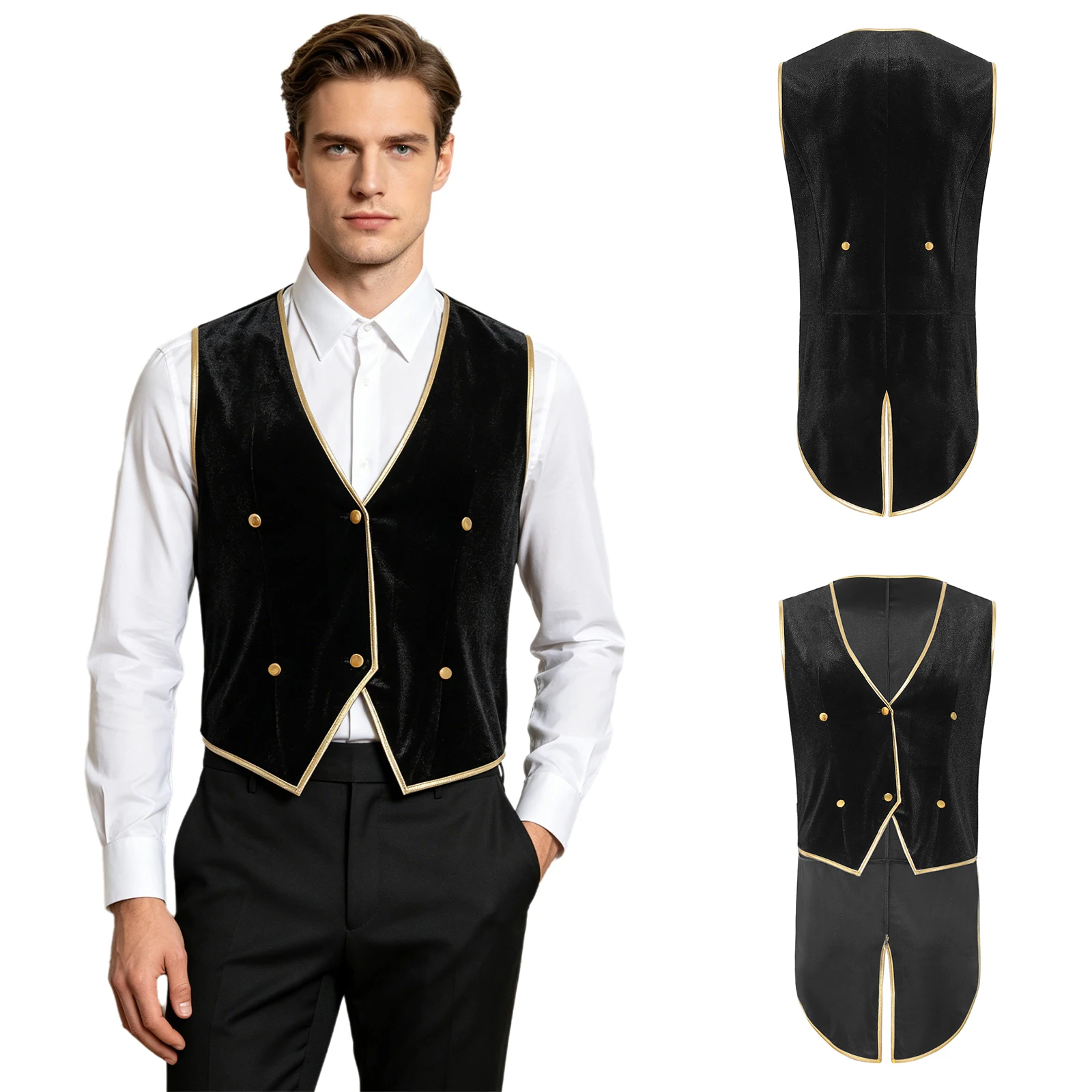 Men Retro Medieval Velvet Tailcoat Vest Metallic Shiny Trims V Neck Waistcoat Blazer for Halloween Cocktail Party Formal Blazer