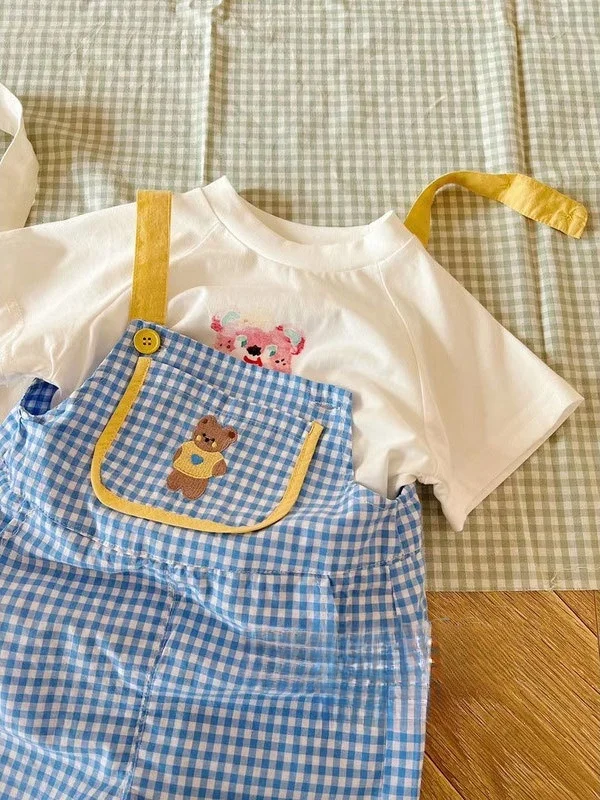 Girls Summer Plaid Bear Embroidery Two-Piece Set Short Sleeve Bib Overalls Candy Style Children's Fashion Outfit Polyester Fiber