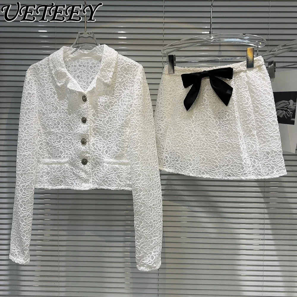 

Spring and Autumn New Style White Long-Sleeved Coat Lace Hollow-out Hook Flower Jacket Bow Pin A- Line Skirt Women's Outfit