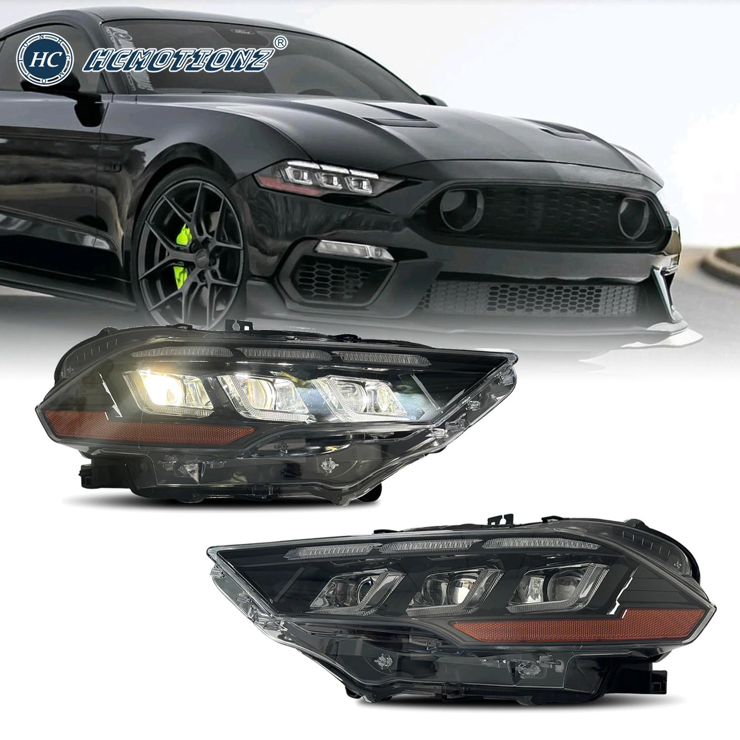 HCMOTIONZ LED Headights For Ford Mustang 2018-2022 Amber Reflector DRL Start UP Animation Car Front Lamps Assembly Accessories