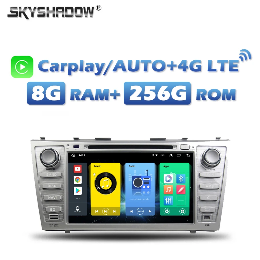 

4G SIM беспроводной Carplay Auto Android 13.0 8G + 256G автомобильный DVD-плеер Wi-Fi RDS RADIO GPS карта Bluetooth 5.0 для Toyota Camry 2007-2011