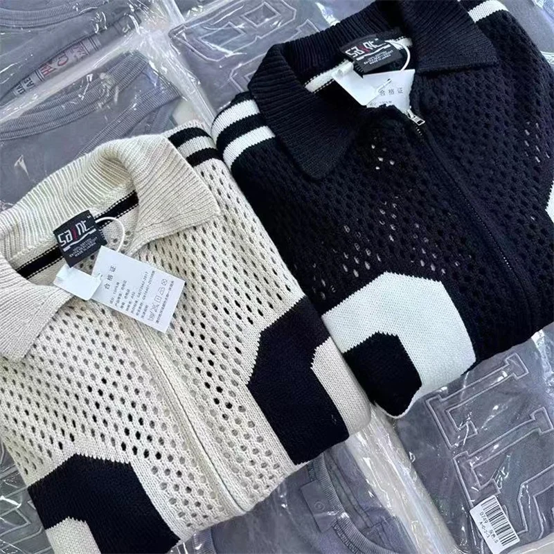 Loose Casual Men Women Mesh Knit Sweater SAINT Vintage Black Apricot Minimalist Letter Jacquard Zipper Jacket Spring Autumn