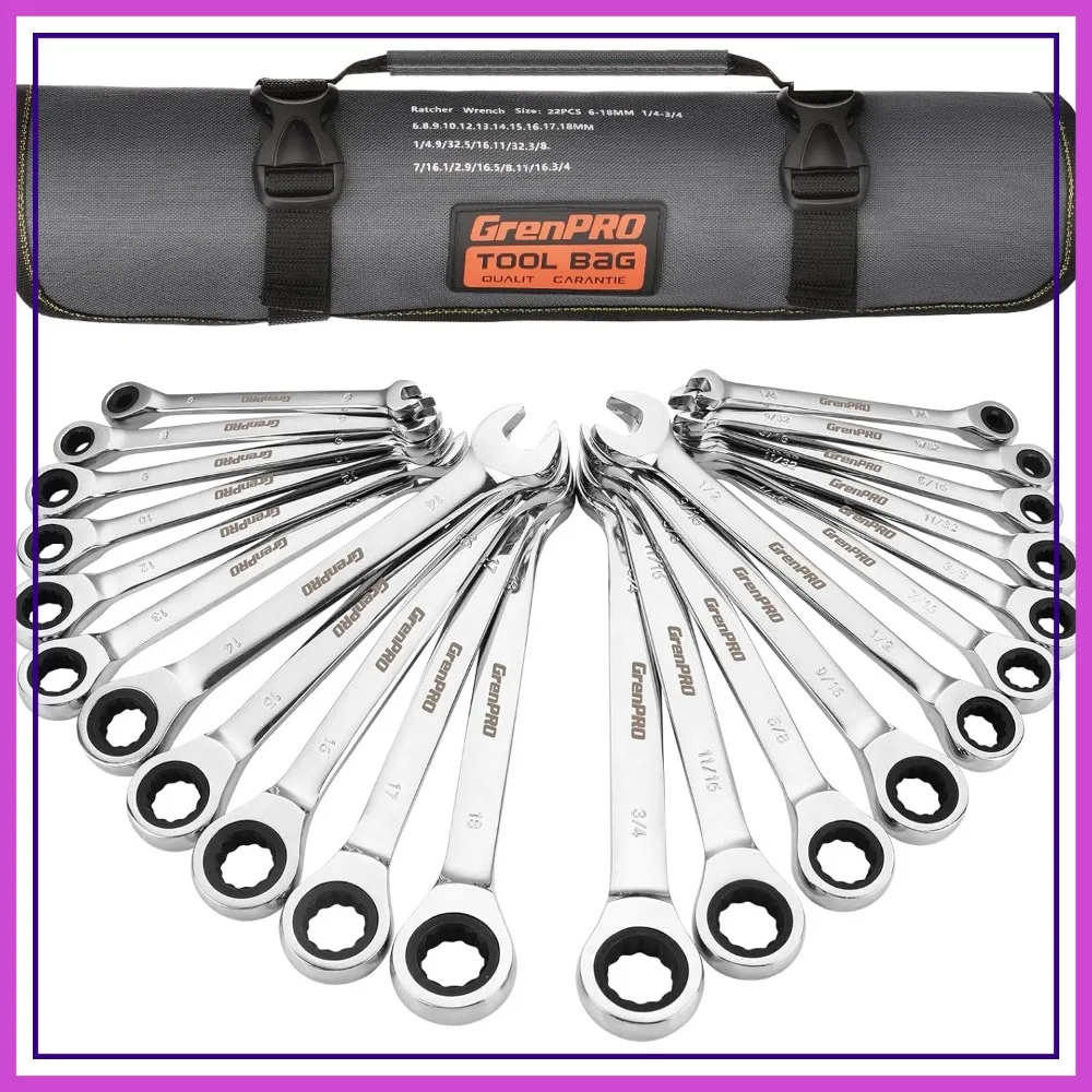 

22-Piece Ratcheting Wrench Set, SAE & Metric, 1/4" to 3/4" & 6-18mm, 72-Tooth Long Open End, Roll-Up Pouch