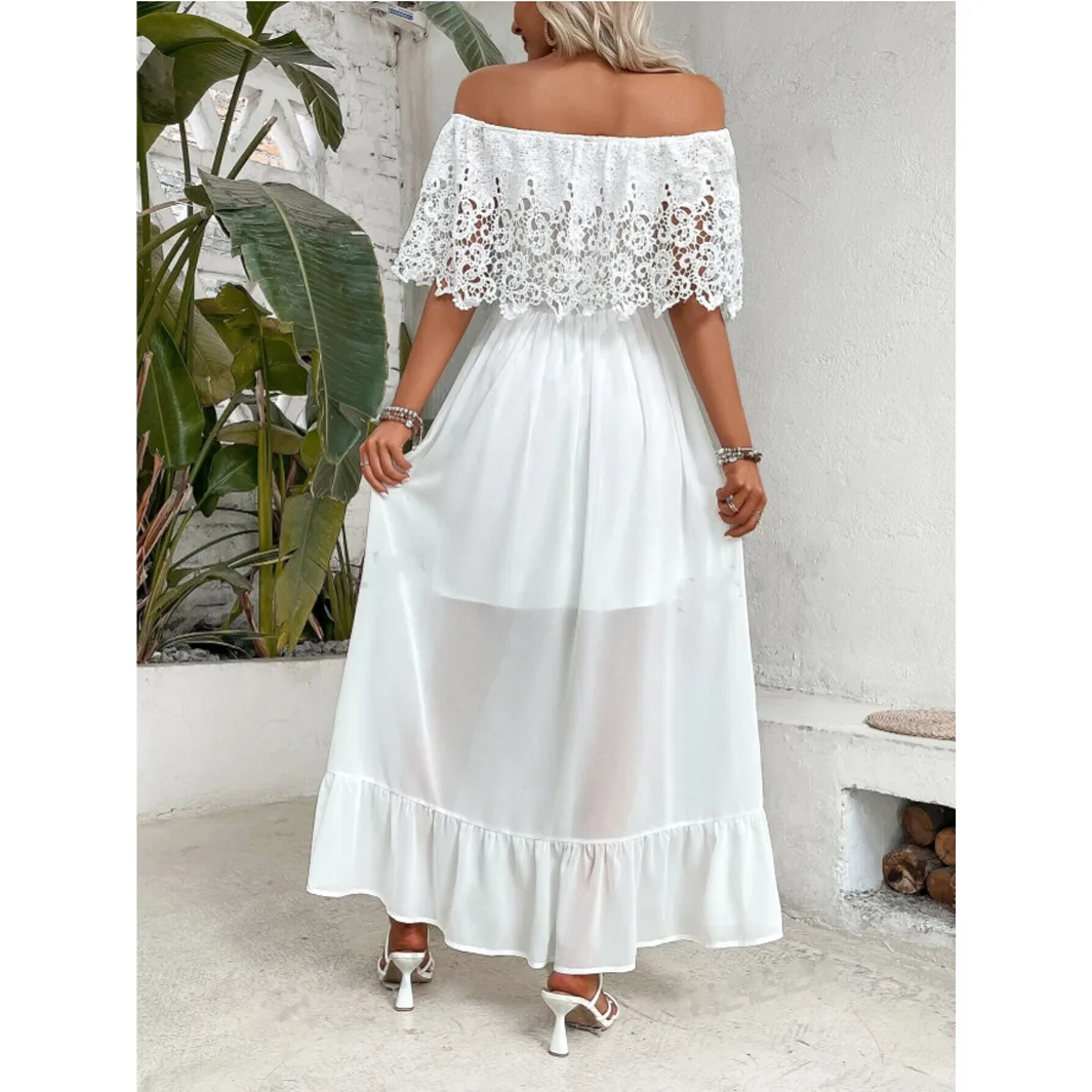 White Dress Women Long Dresses Off Shoulder A Line Vestidos Lace Ruffles Slim Elegant Splice Y2k High Waist Party Summer 2025