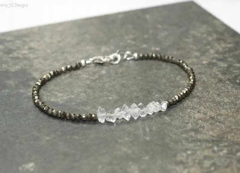 Herkimer Diamond & Pyrite Bracelet, Quartz Crystal Jewelry, Beaded Pyrite Bracelet, Herkimer Diamond Jewelry