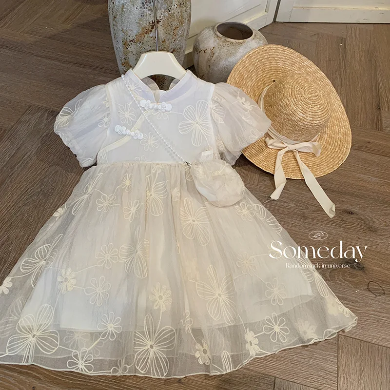 Girls' Summer Dress2024New Style Puff Sleeve Children's Summer National Style Skirt Little Girl Summer Princess Dress