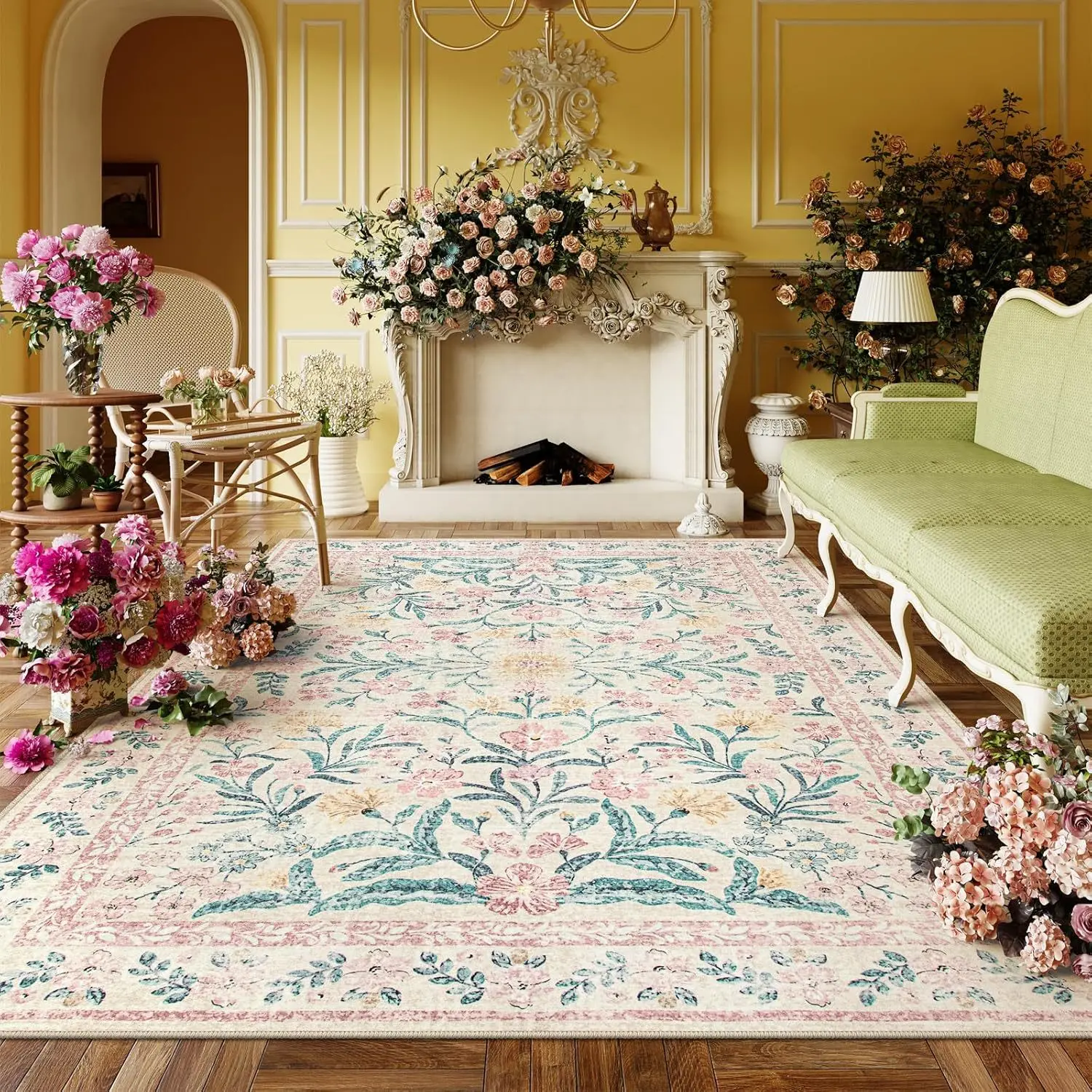 VIKAMA Teppich im französischen Vintage-Stil – Viktorianischer Blumen-Wohnzimmerteppich – Dekorative Matte für Schlafzimmer und Wohnbereich – Heimdekoration