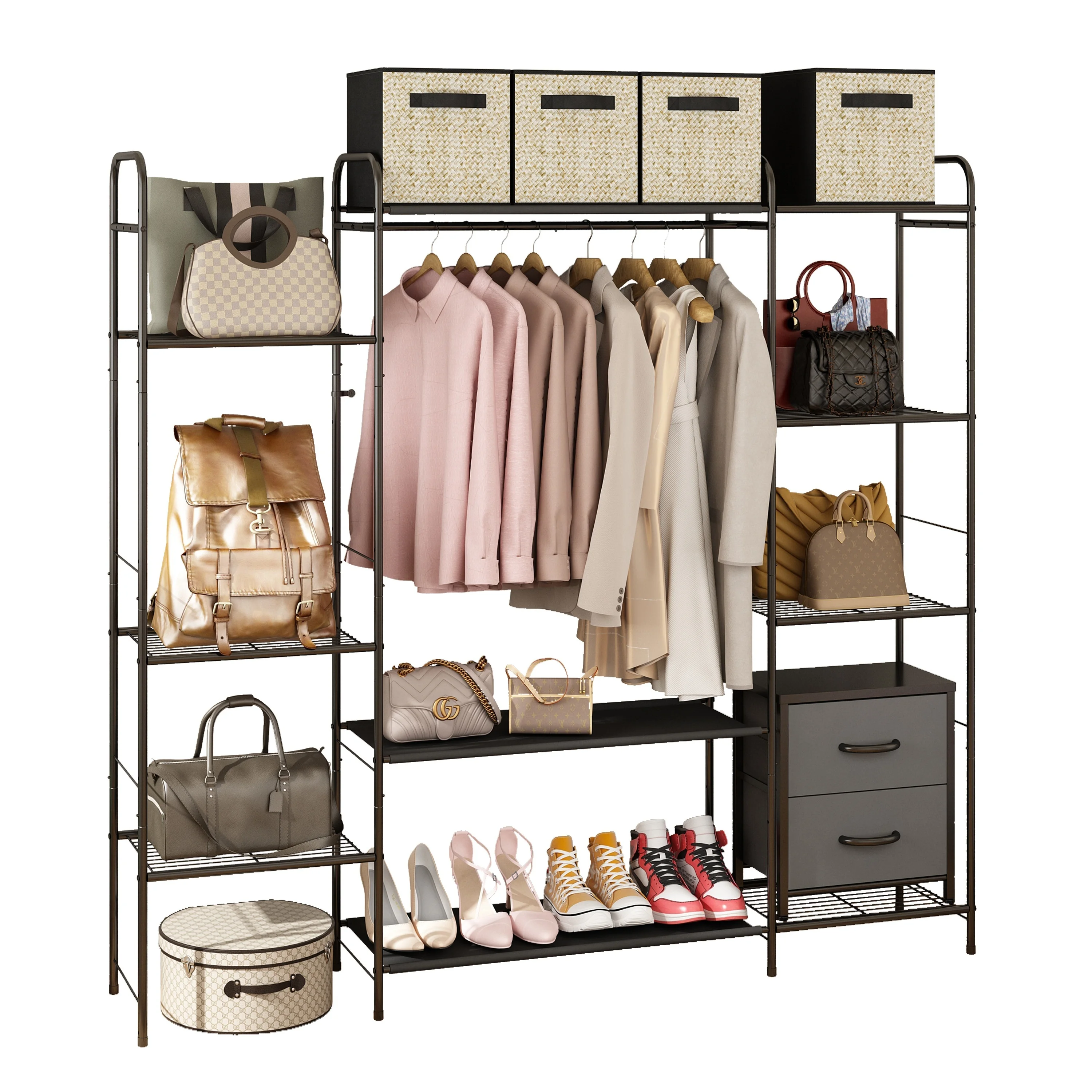 

Double Shelf Garment Rack - Ample Storage and Organization for Clothes, Coats, Shoes - Sturdy Free-Standing Metal Construction
