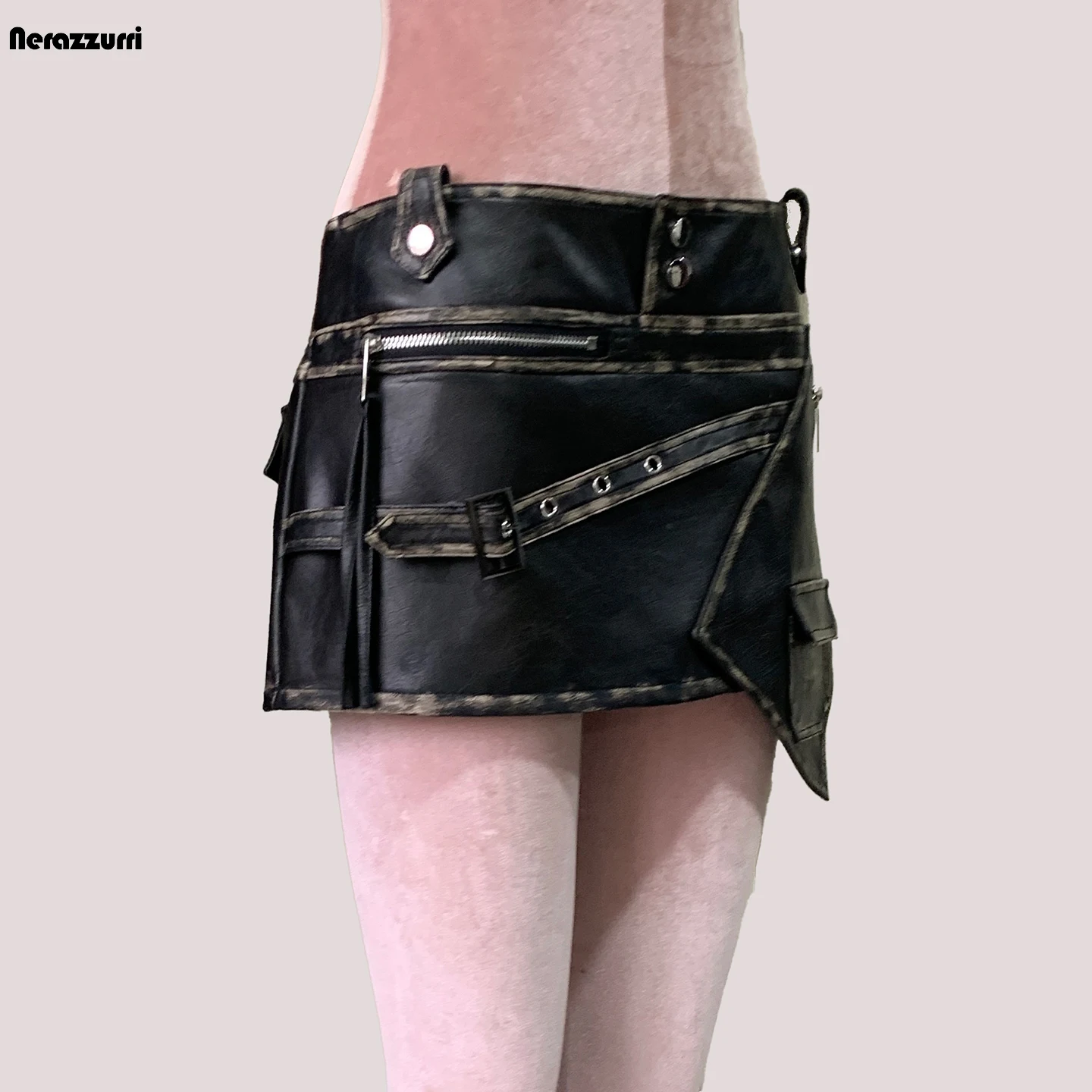 Nerazzurri Distressed Color Wipe Leather Skirt Half-length Punk Short Women's Design Sense Uneven Package Body Skirt