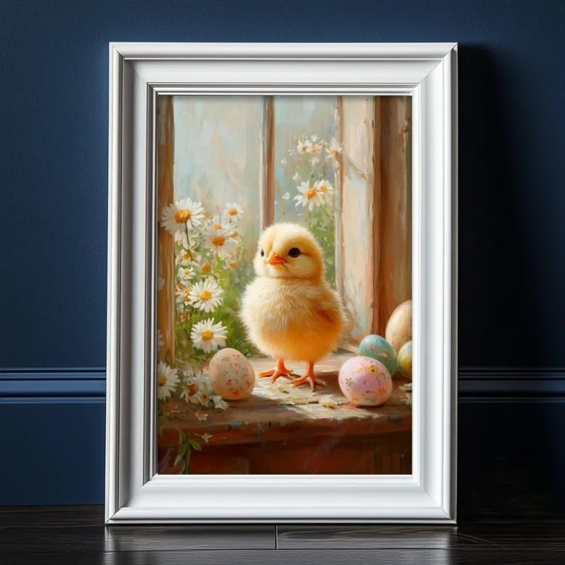 

Очаровательный пасхальный цыпленок с принтом украшенных яиц, весеннее искусство, винтажная масляная картина с цыплятами, настенное искусство в стиле фермерского дома, маргаритки