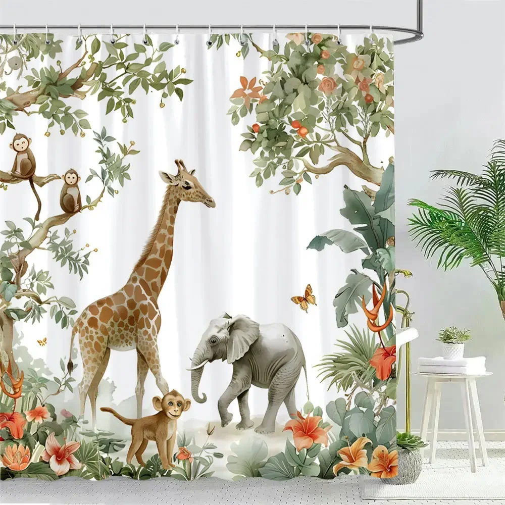 Funny Forest Animals Shower Curtain Elephant Giraffe Monkey Parrot Watercolour Art Creative Printed Bath Curtains Bathroom Decor