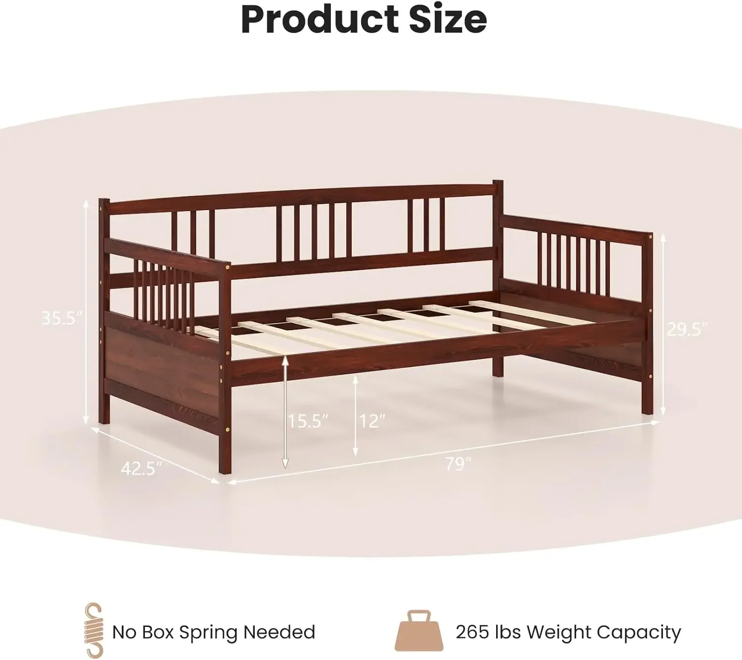 Twin Daybed Frame, Wooden Sofa Bed Guest Bed with Rails & Wood Slat Support, Dual-use Twin Size Platform Bed Frame