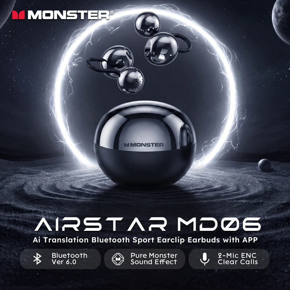 Monster MD06 Ai Translation Ear Clip Headphone Custom EQ Bluetooth 6.0 Earphones 2-Mic HD Call TWS Wireless Earbuds with APP.