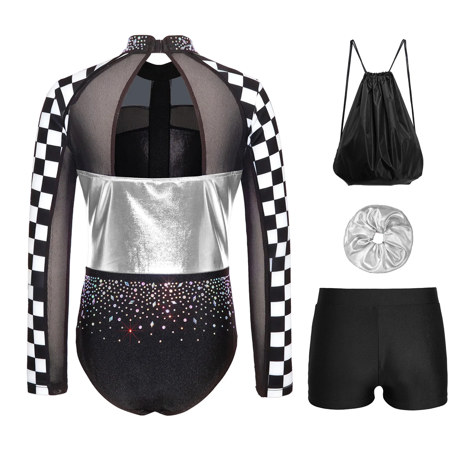 Girls Shiny Rhinestones Gymnastics Leotard Ballet Dance Outfit Sparkle Rhinestones Bodysuit And Shorts Set for Figure Skating