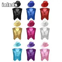 Girls Boys Sequins Moden Jazz Dance Costume Kids Hip hop Street Dance Vest Waistcoat with Hat Outfits for Performance Dancewear