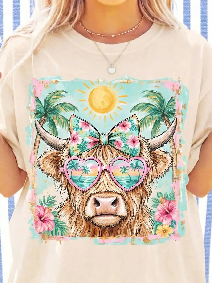 Women Tropical Beach Highland Cow Heart Shaped Sunglasses Floral Bow Graphic T Shirt Crewneck Short Sleeve Summer Vacation Casual 1 Piece Oversized Top