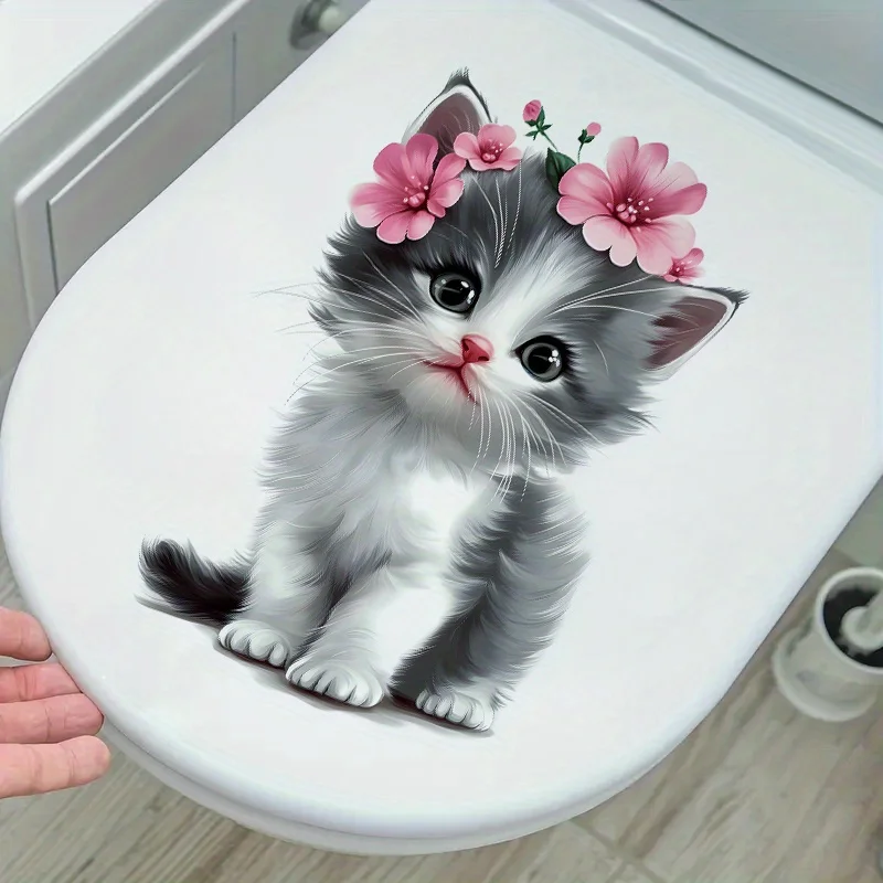 1 قطعة هريرة الوردي الزهور ملصق فينيل الحمام ملصق مائي لغطاء المرحاض الثلاجة عطلة ديكور القط الحمام ديكور غطاء المرحاض الديكور #3