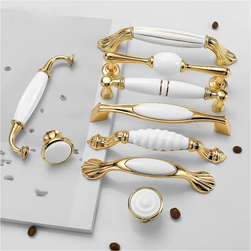 European Style Cabinet Handle, Gold Ceramic Drawer, Single Hole Cabinet, Wardrobe Handle, Zinc Alloy Cabinet Door Handle