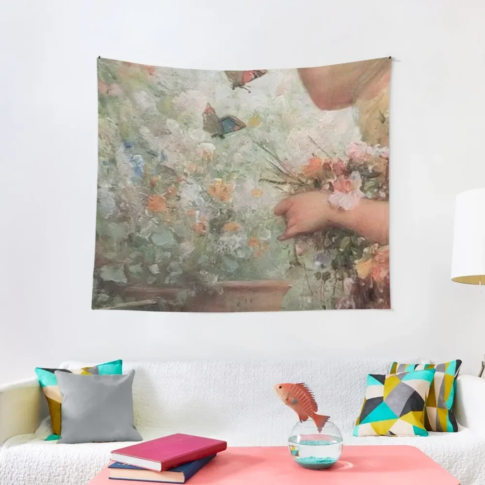 

a painting of a woman in a flower garden with 2 butterflies Tapestry Room Decor Cute Art Mural Custom Tapestry