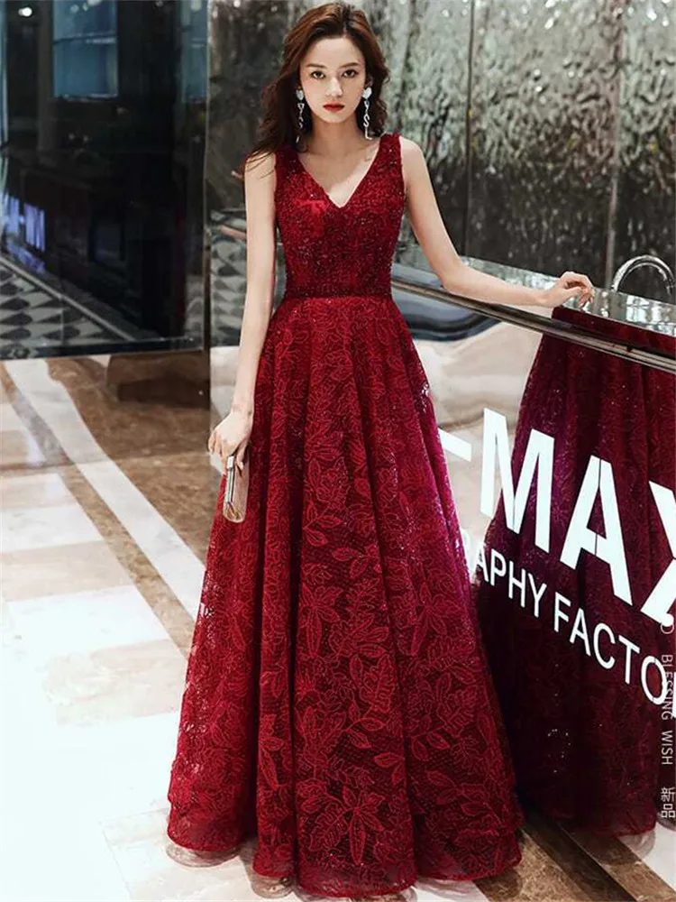 Wine Red Dress Solid Color Sequin V-neck Long A-line Skirt Elegant Evening Gown M047