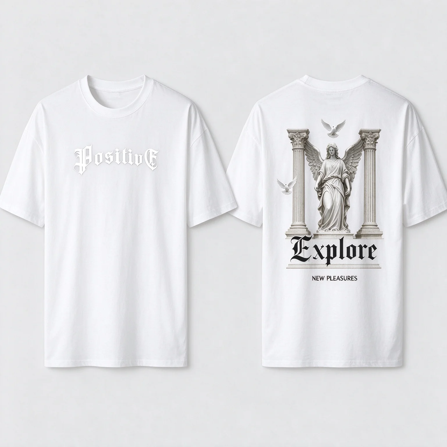 Vintage Gothic Angel Statue Unisex Oversized Cotton T-shirt, Double Sided Print Retro Casual Streetwear Short Sleeve Summer Tee