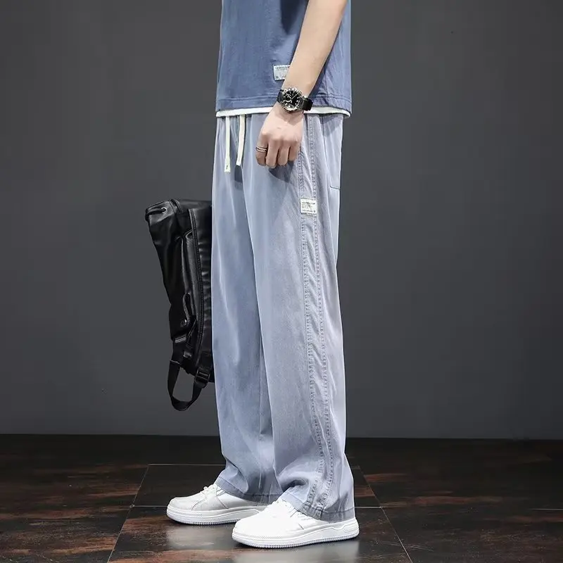 

2023 New Male Summer Soft Men's Jeans Thin Loose Straight Pants Drawstring Elastic Waist Korea Casual Trousers Plus Size M-5Xl