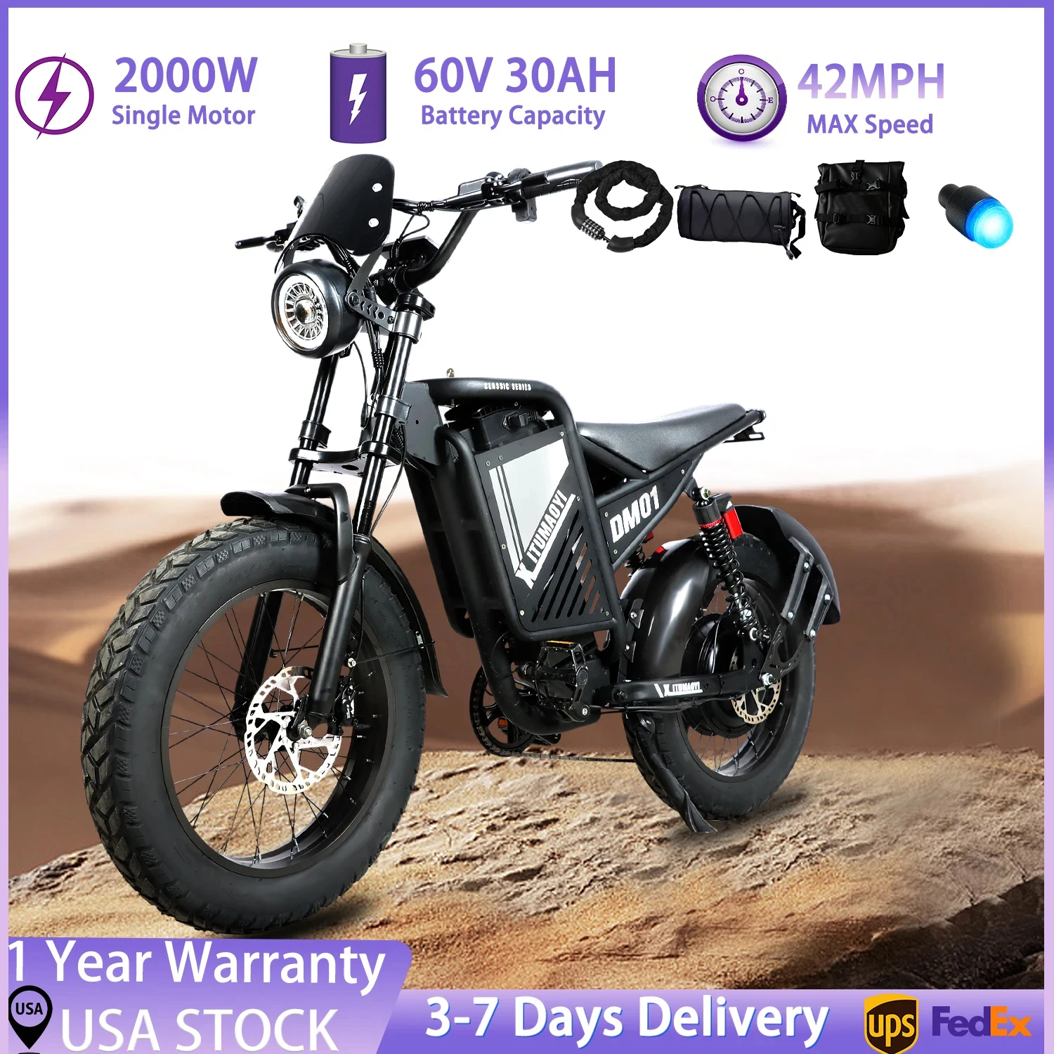 

Электрический велосипед BAOLUJIE DM01 для взрослых, двигатель 2000 Вт, 60 В, 30 Ач, 20 дюймов, электрический мотоцикл с шинами, 42 миль в час, электронный велосипед для грязи UL2849, гарантия 1 год】