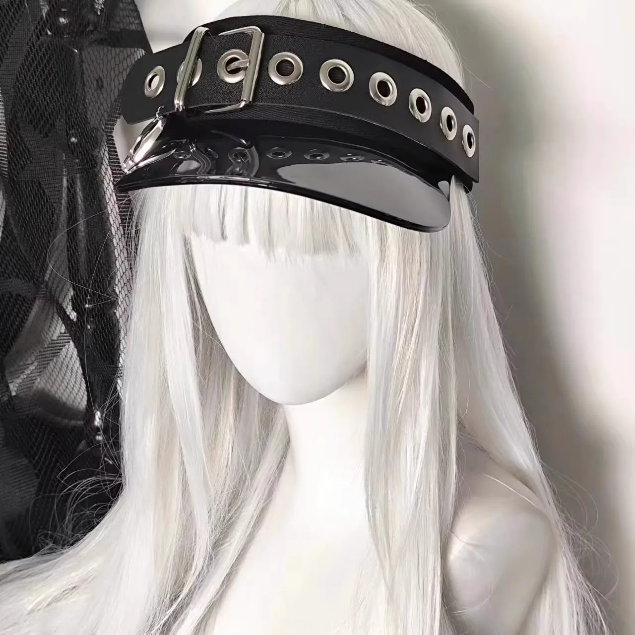 Skull baseball cap 2000s punk subculture low-profile no-top sun hat with unique leather buckle and jelly-like brim open-top hat. view 6